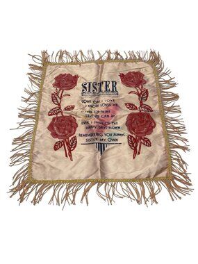 Vintage Pink Champagne Satin Sister Poem Pillow Cover Fringed Roses 16"